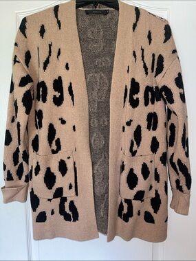 Zesica Tan and Black Leopard-Print Open Cardigan